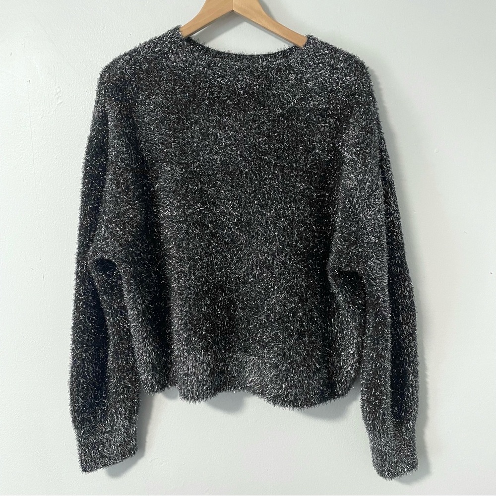 Bar III Women's Black‎ Silver Tinsel Fluffy Fuzzy Shimmery Sparkle Sweater NWT L